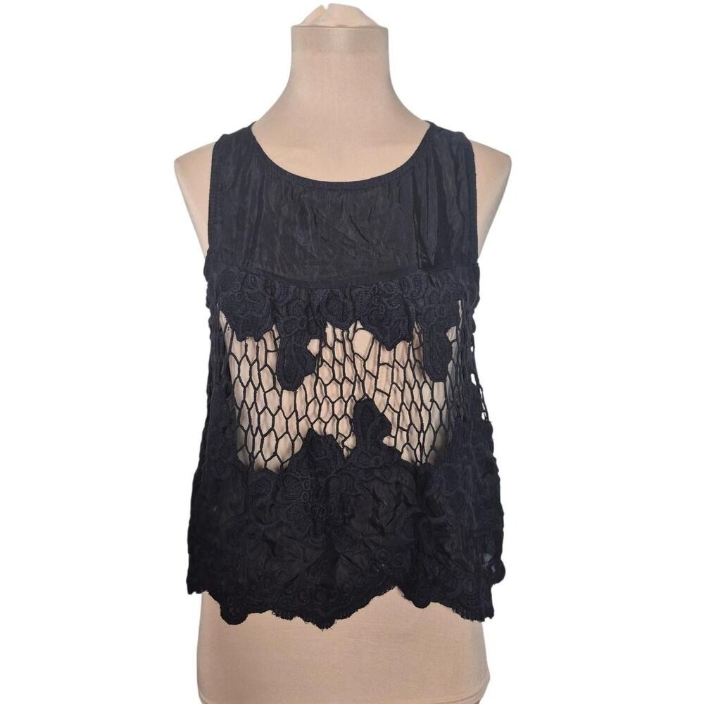 Acemi Black Sheer Floral Tank Top Crochet Lace Details Size Medium